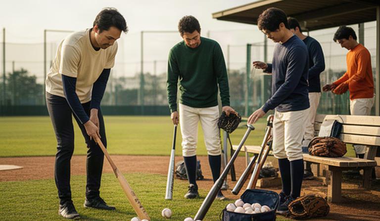 松戸市近郊の草野球チームがベンチでボールとバットを準備する様子